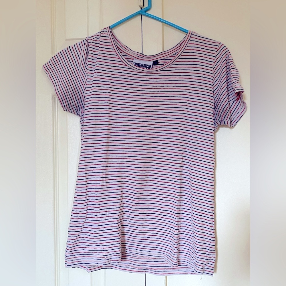 Jung Maven: Cotton and Hemp Cap Sleeve T-Shirt in Cream, Red and Blue